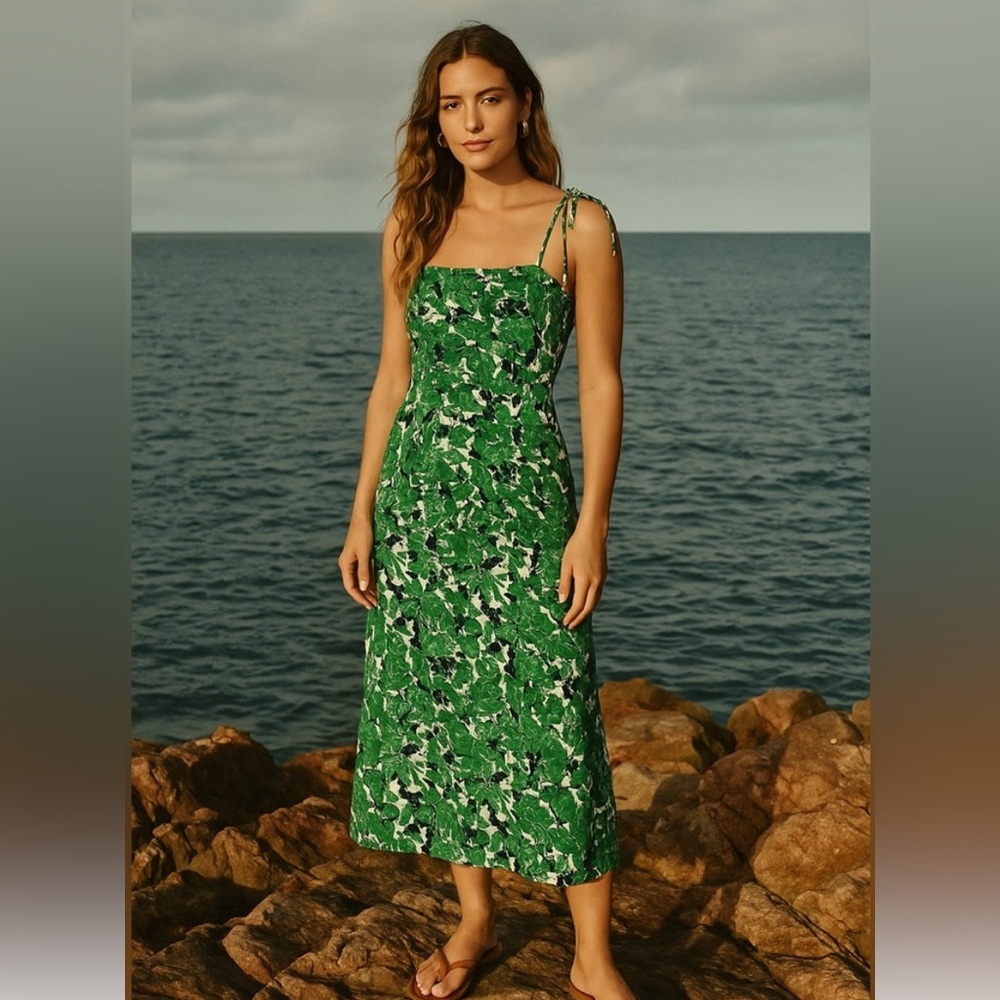 Free People Green Floral Linen Midi open back Dress